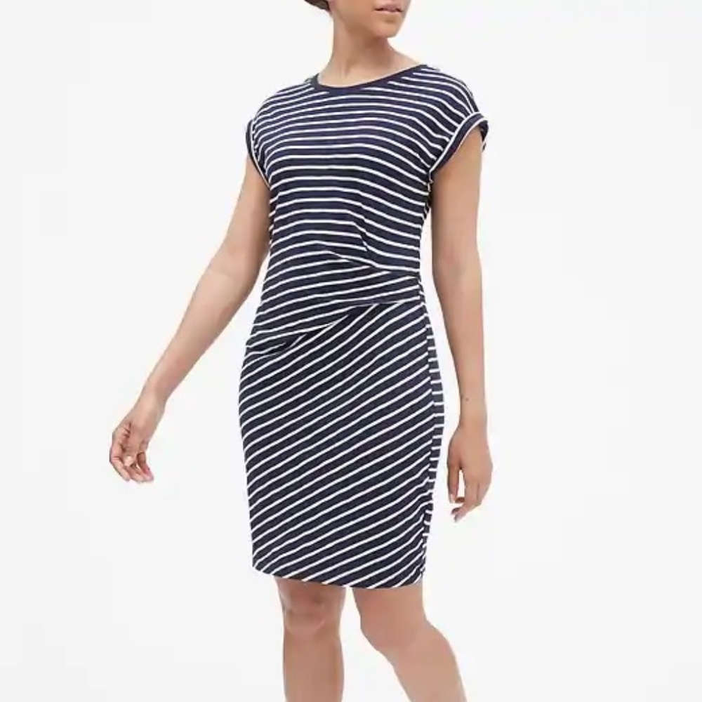 Gap NWT Navy Stripe Gathered Waist Dress Sz M v35 - Picture 4 of 5